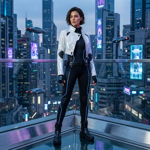 Futuristic Woman's Black Bodysuit & White Jacket Ensemble