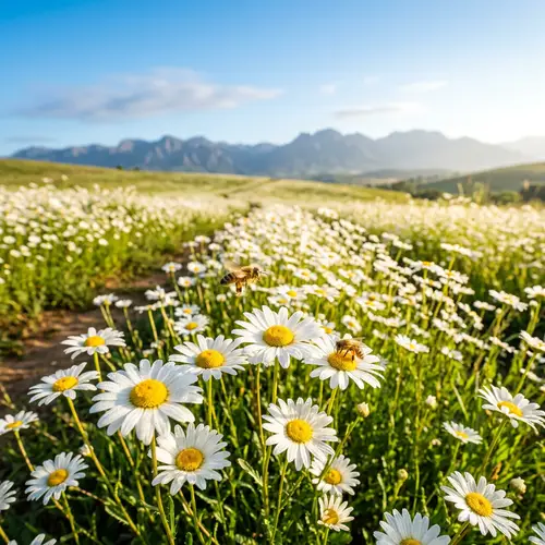 Blooming Daisies: Serene Morning Landscape with Bees and Mountains