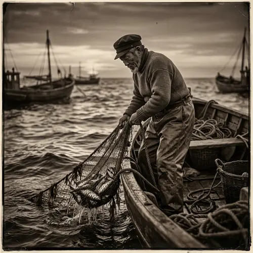 Vintage Fisherman Pulling Up Fishing Net from Sea