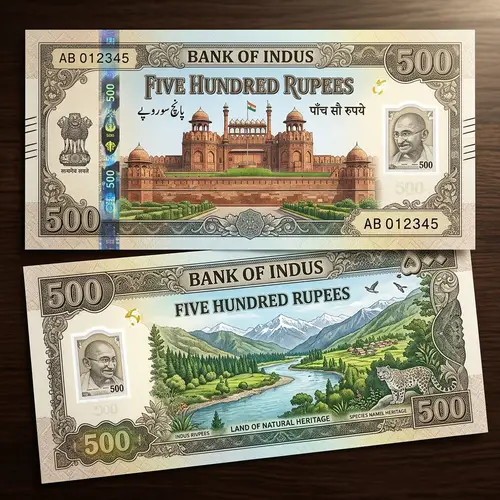Detailed Currency Note Design with Historical Monument and Scenic Landscape