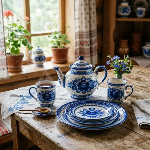 Handcrafted Gzhel Style Clay Products on Rustic Table