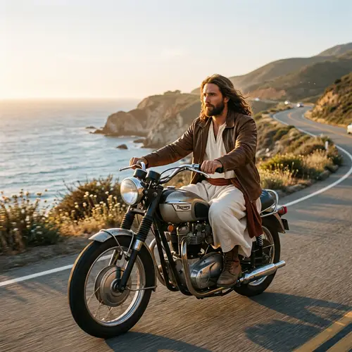Jesus Riding a Triumph Motorcycle