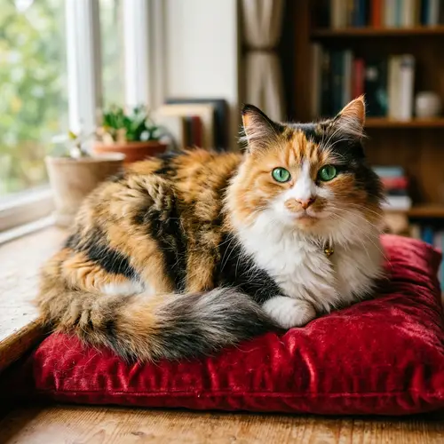 Calico Cat with Long Fluffy Fur and Emerald Green Eyes