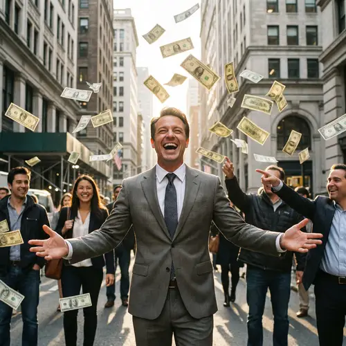 Successful Businessman with Cash Flowing Around