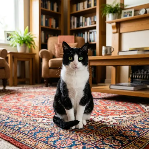 Silky Black and White Cat on Colorful Rug