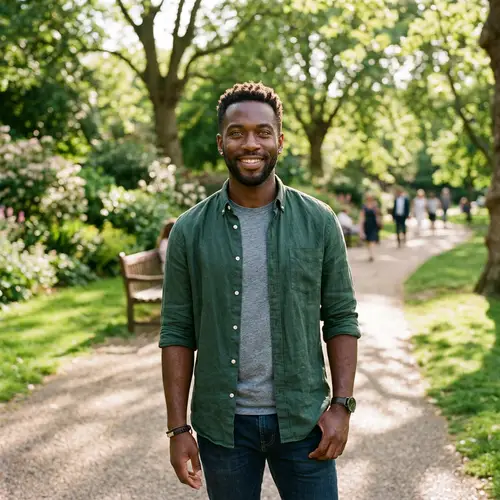 Serene 33-Year-Old Man with Green Eyes | Casual Outdoor Portrait