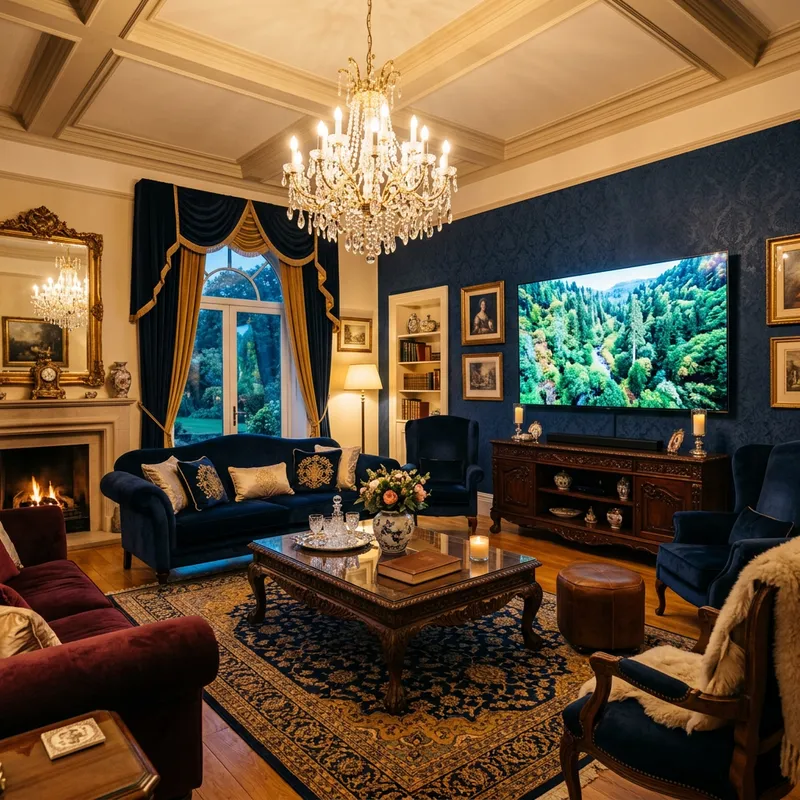 Elegant Room with Plush Furniture and Big Screen TV