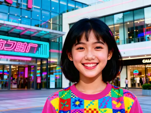 90s Fashion Smile: Girl at Modern Mall