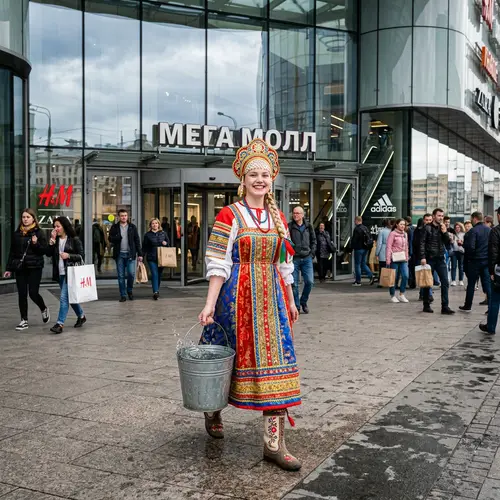 Joyful Slavic Girl in Folk Costume at Modern Mall