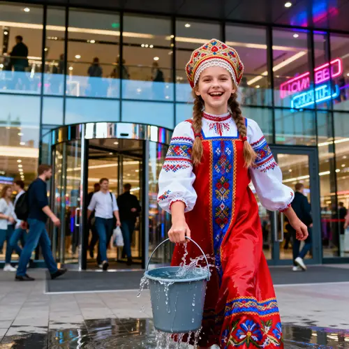 Joyful Slavic Girl in Folk Costume at Modern Mall