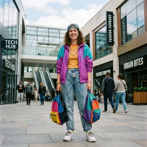 90s Fashion Smile: Girl at Modern Mall