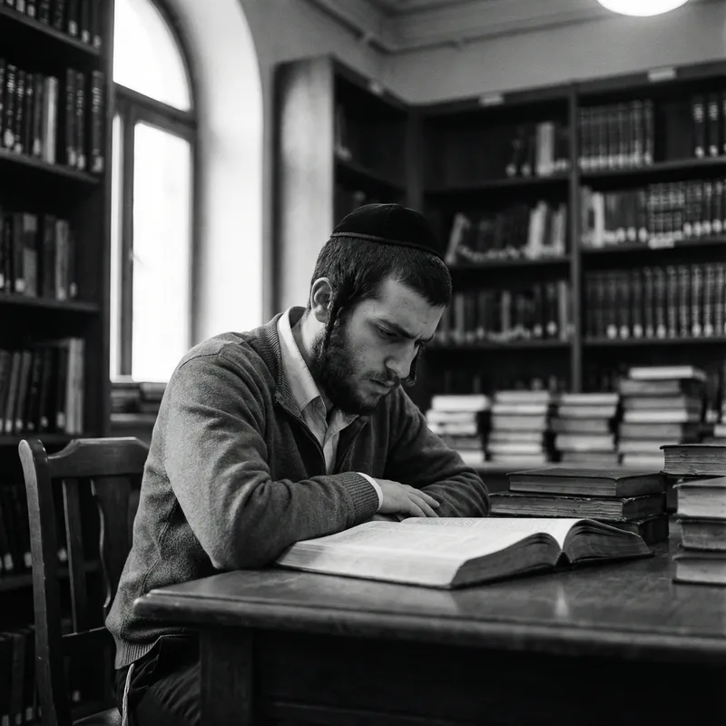 Young Jewish Man Studying Intensely in Library
