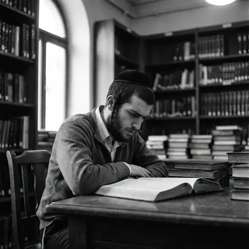 Young Jewish Man Studying in Library - Captured in Black and White
