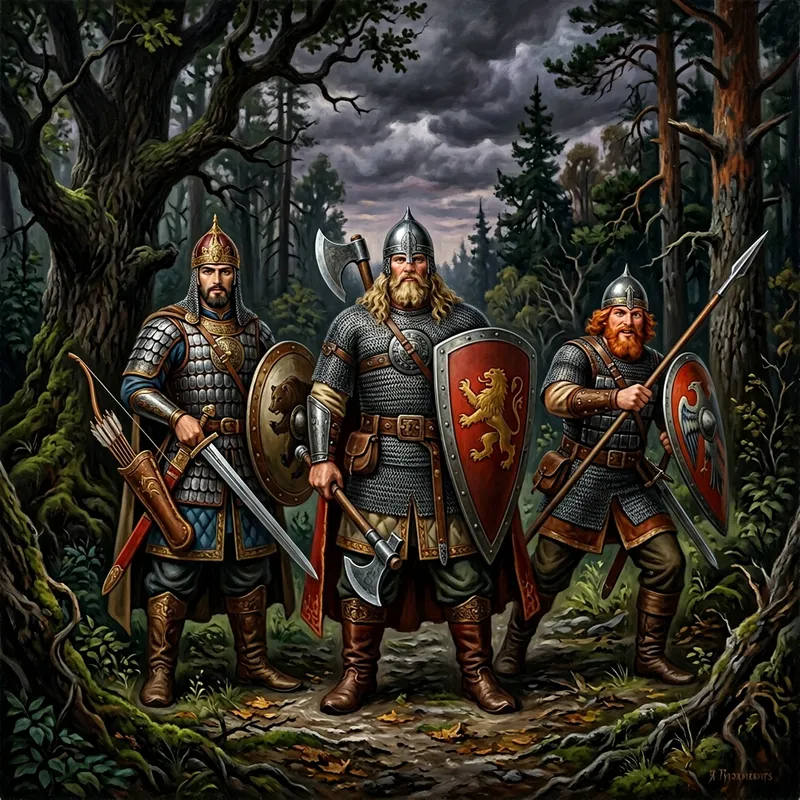 Legendary Russian Bogatyrs in Medieval Armor