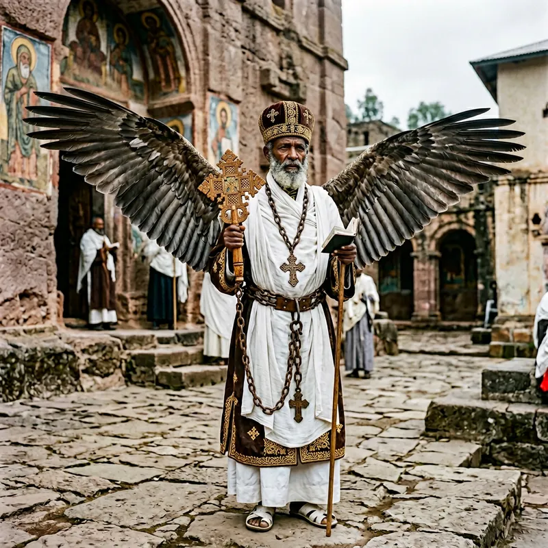Ethiopian Orthodox Monk with Majestic Wings and Cross