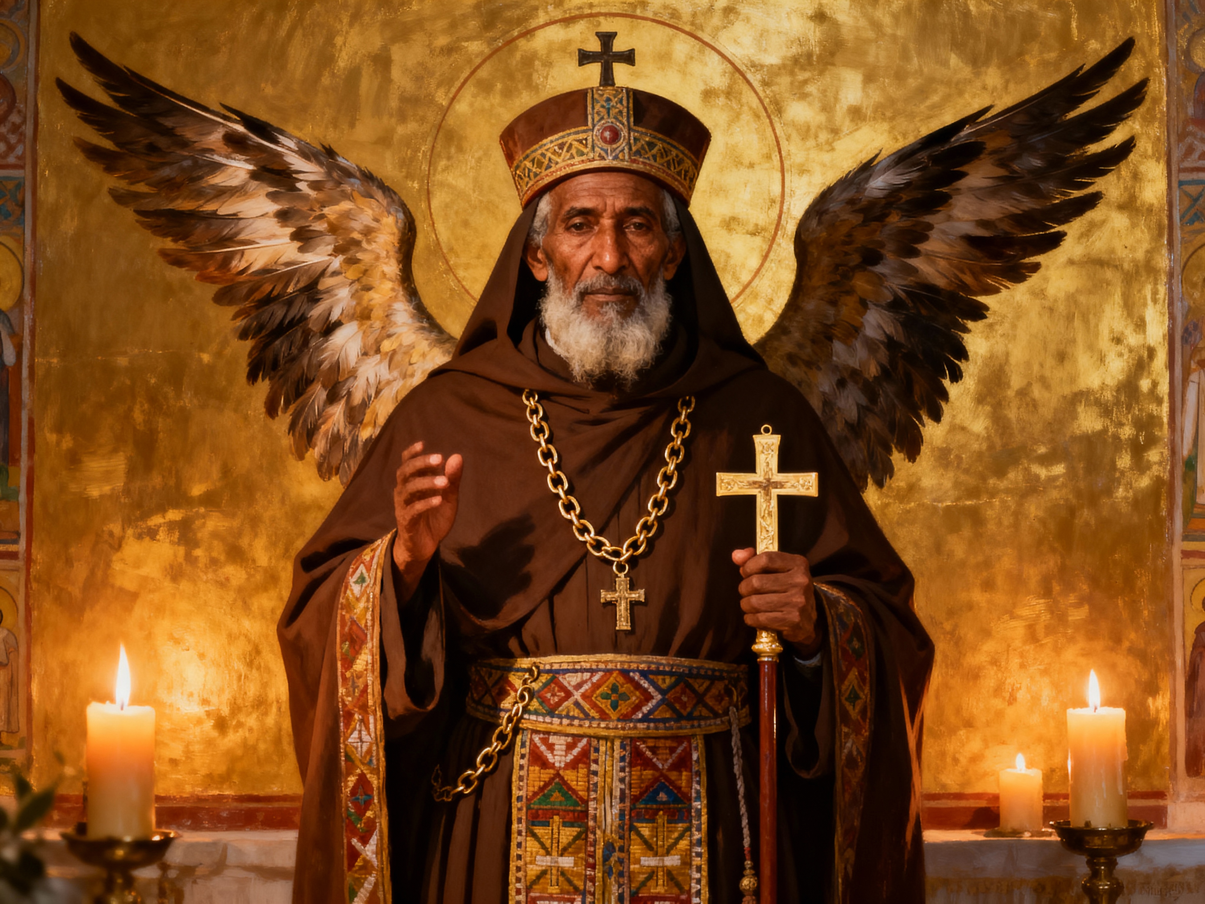 Ethiopian Orthodox Monk with Majestic Wings and Cross | AI Art Generator | Easy-Peasy.AI