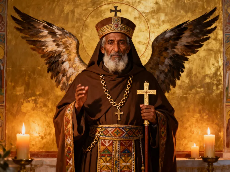 Ethiopian Orthodox Monk with Majestic Wings and Cross