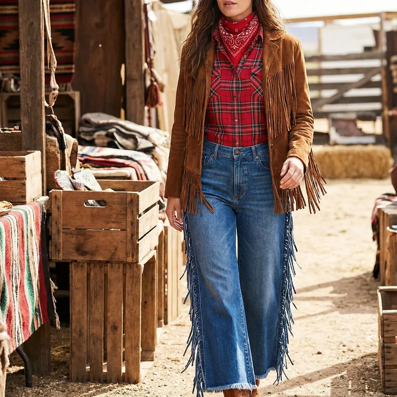 Stylish Fringed Outfit with Plaid Shirt and Suede Jacket