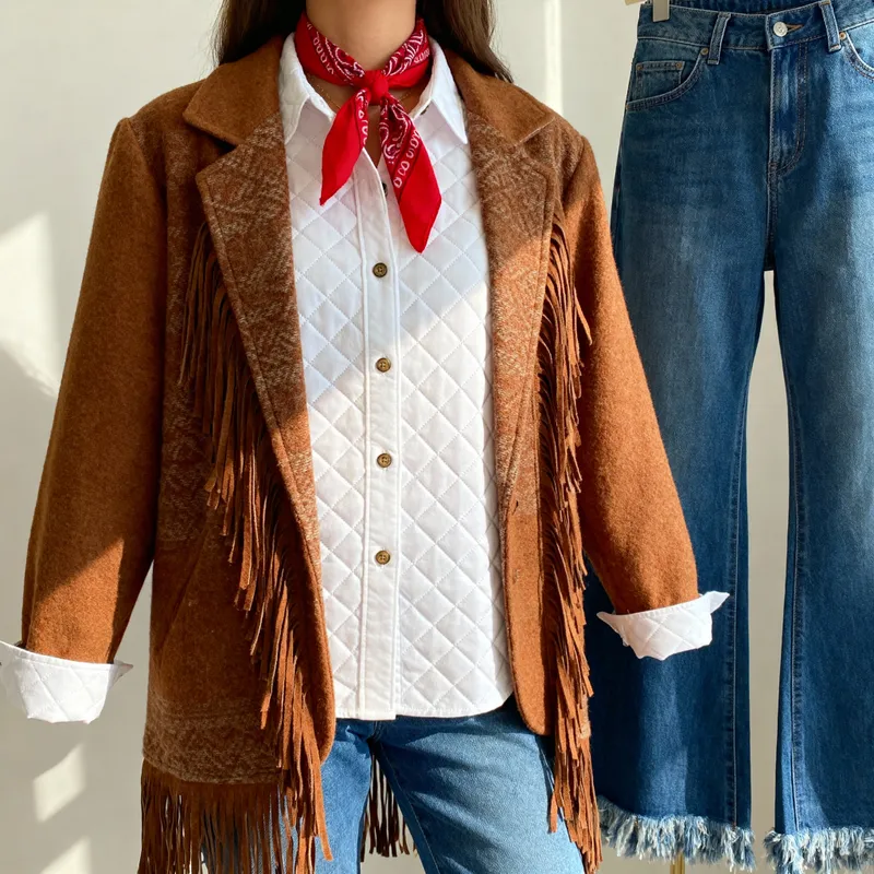 Stylish Fringed Outfit with Plaid Shirt and Suede Jacket