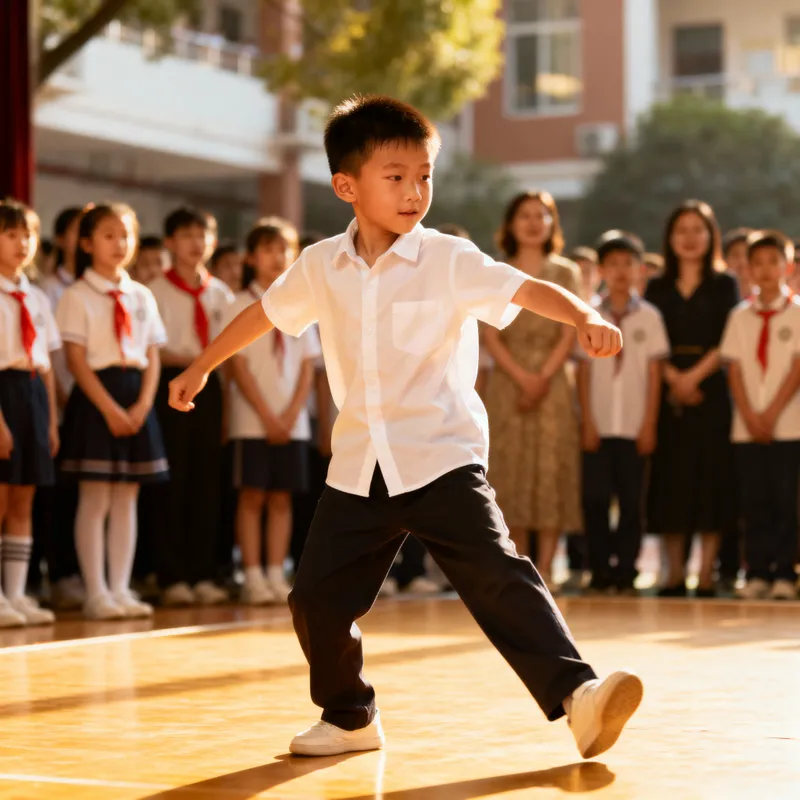 Chinese Boy Dancing at School Stage