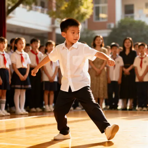 Chinese Boy Dancing at School Stage