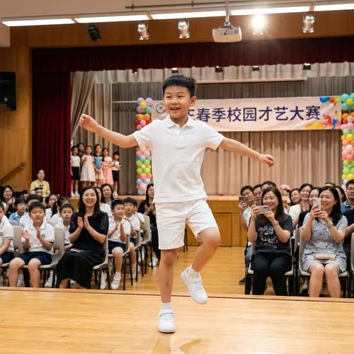 Chinese Boy Dancing at School Stage