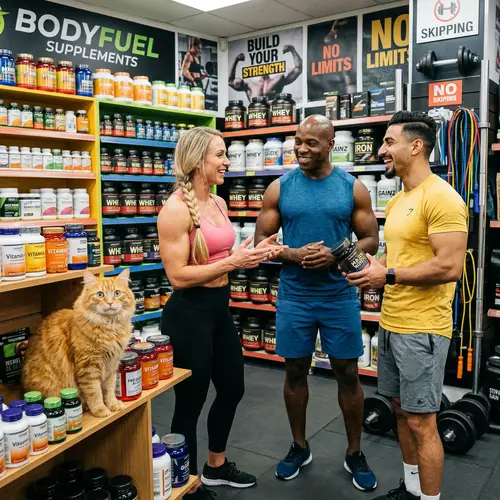 Curious Cat Observing Diverse Bodybuilders in Store