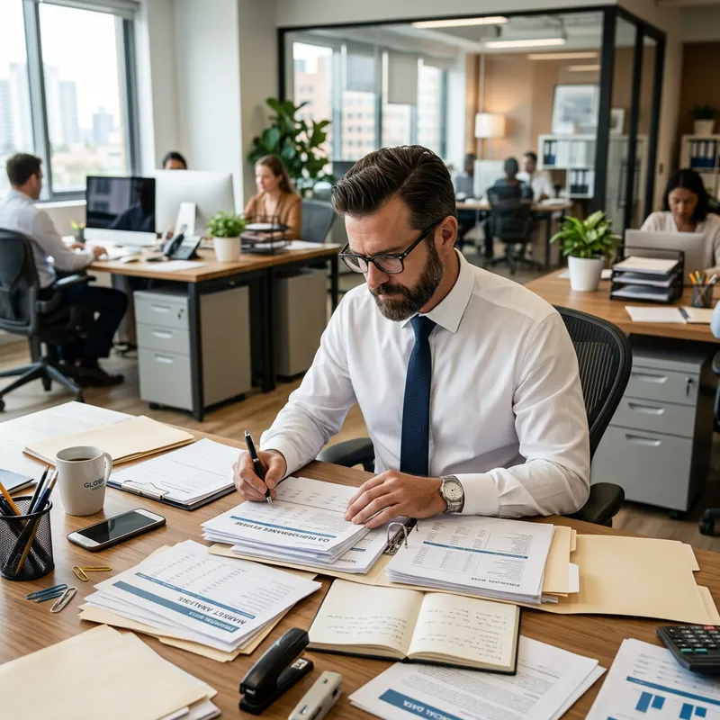 Business Man in Office with Documents