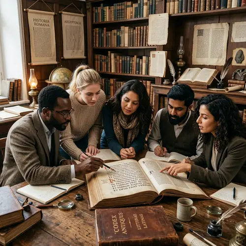 Diverse Group Studying Ancient Latin Script | Study Group Setting