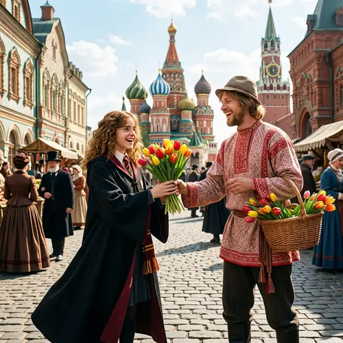 Russian Tale: Ivan the Fool Gives Tulips to Hermione under Moscow Sun