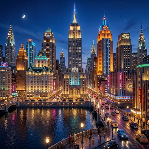 Art Deco Cityscape Night: Symmetrical Skyscrapers & Neon Lights