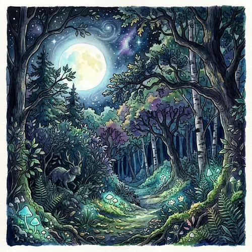Mystical Moonlit Forest Scene | Celestial-Themed Artwork