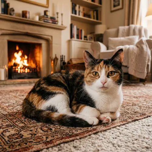 Multi-Hued Domestic Cat on Cozy Rug | Charming Cat with Almond Eyes