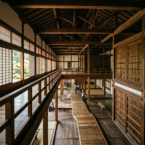 Tranquil Two-Story Wooden Building with Balcony View