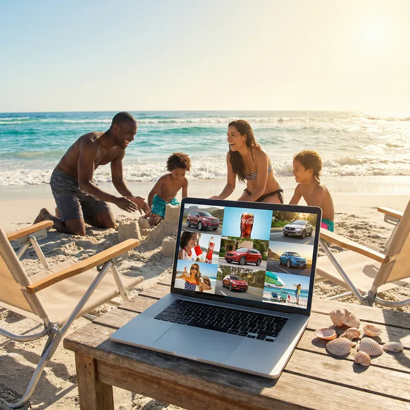 Family Beach Day: Kids, Relaxing Waves & Laptop Ads