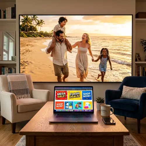 Automatic Retail Ads on Laptop | Family Beach Fun Background