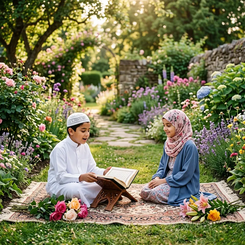 Muslim Boy Reciting Quran in Flower Garden