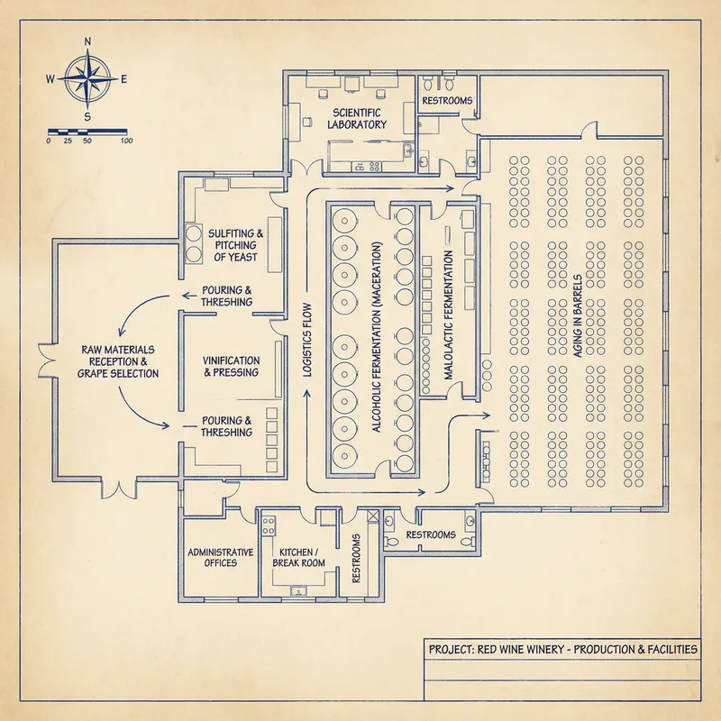 Architectural Winery Floor Plan: Red Wine Production & Logistics Efficiency