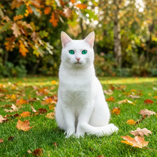 Graceful White Cat with Emerald Eyes on Green Lawn