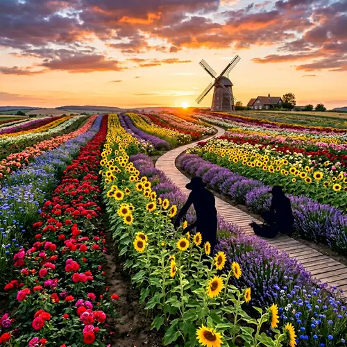 Scenic Flower Farm at Sunset with Colorful Blooms and Farmers