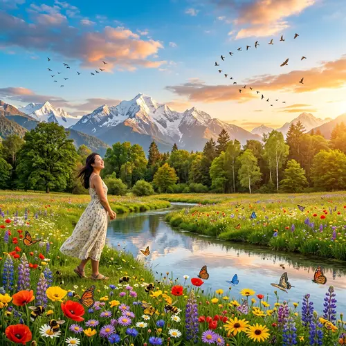 Diverse Natural Landscape with Wildflowers, Stream, and Asian Woman