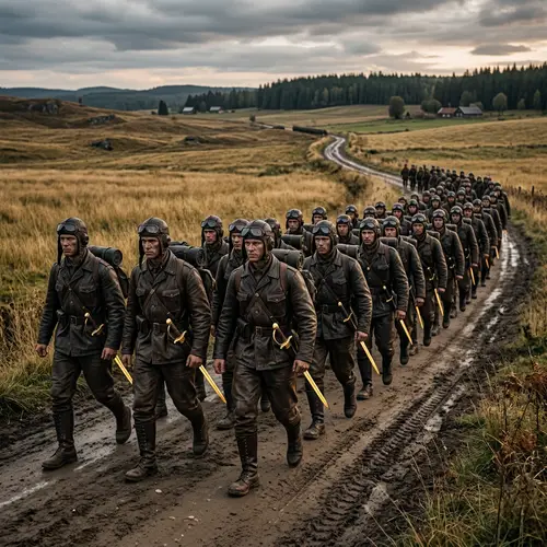 Cinematic Soldiers Marching in Stylish Leather Boots