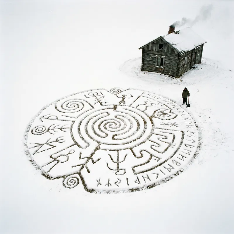 Intriguing Snowfield Art by an Old Wooden House
