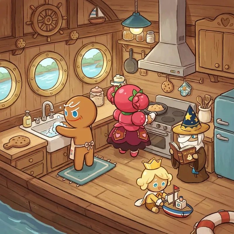 Cookie Run Kingdom Characters in Houseboat Kitchen
