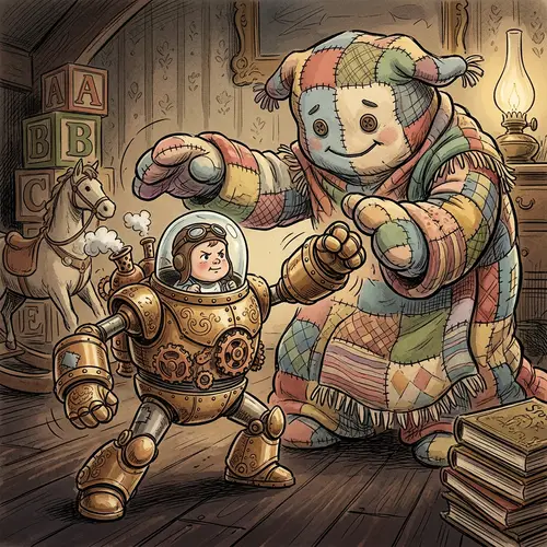 Baby Mech vs Blankie Titan: Adorable Battle Illustration