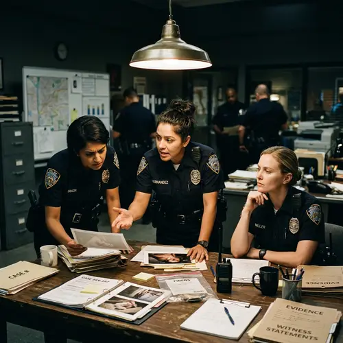 Intense Scene of Female Police Officers Discussing Crime Case