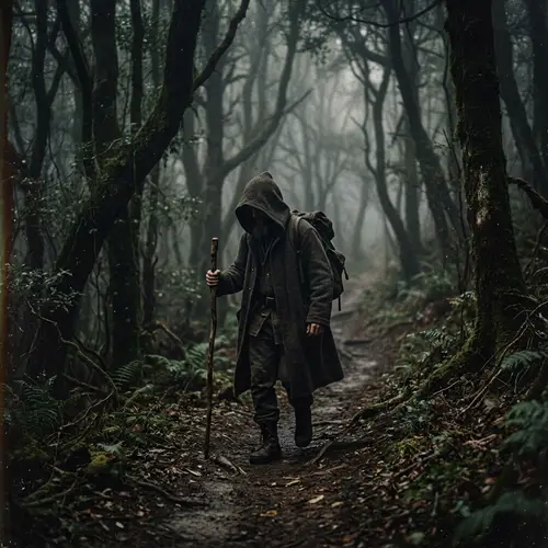 Mysterious Figure in Foggy Forest | Vintage Dark Fantasy Scene
