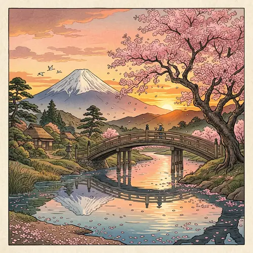 Serene Japanese Landscape Art | Sunset View of Mount Fuji