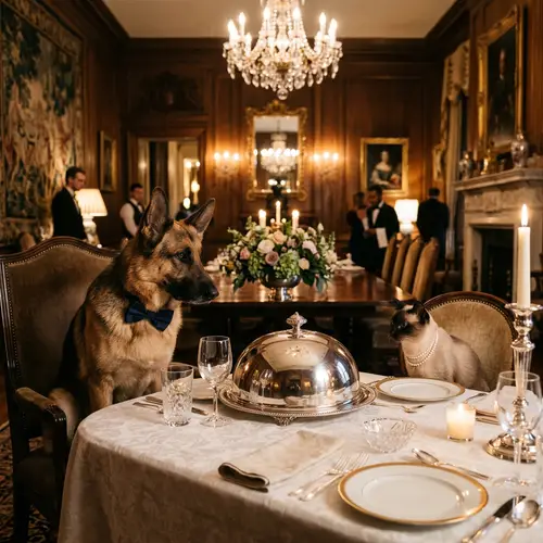 Sophisticated Dog and Cat Dinner Scene at Elegant Dining Table