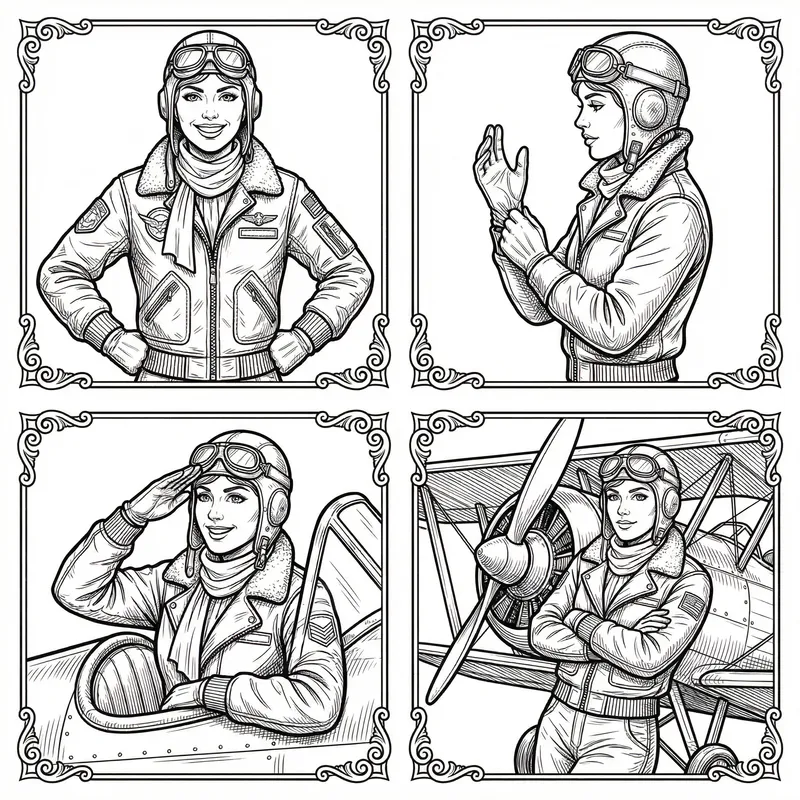 Vintage Female Pilot Line Drawing Art